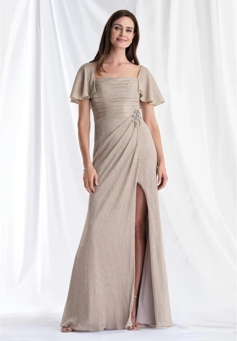 morilee-metallic-strick-abendkleid-drapiert-schlitz image 1