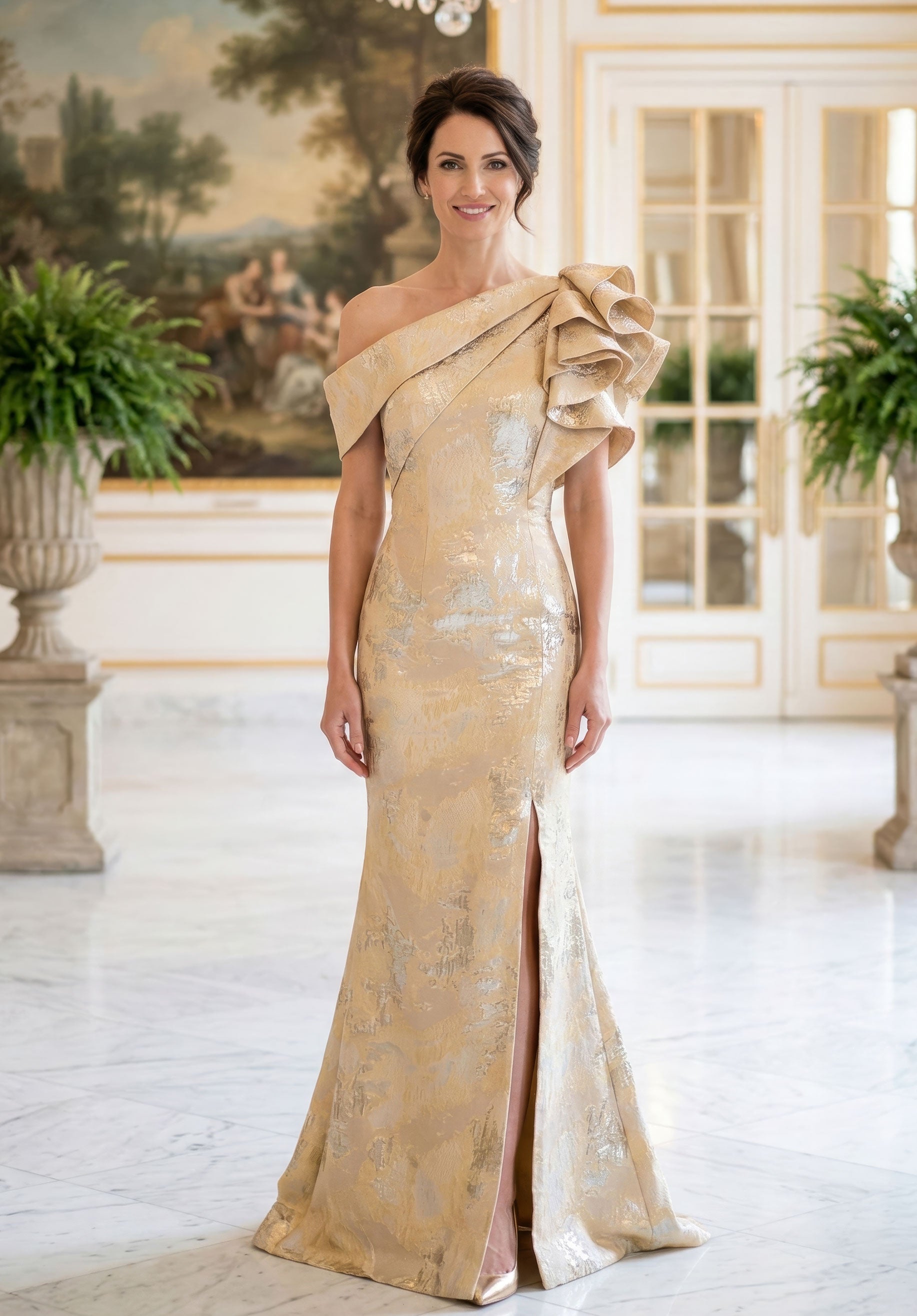 morilee-one-shoulder-jacquard-abendkleid-mit-schlitz image 1