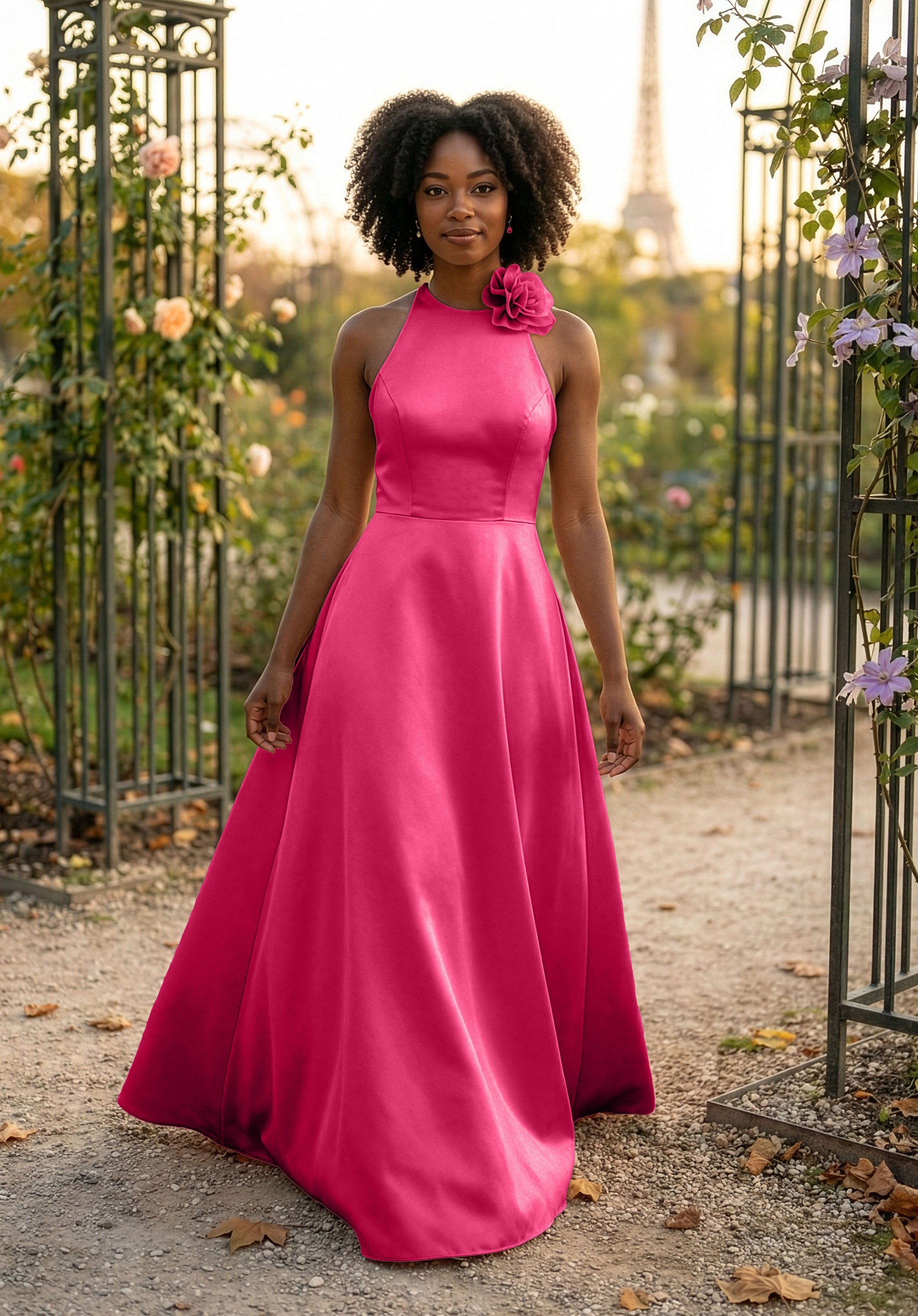 morilee-brautjungfernkleid-satin-halterneck-a-linie-mit-blumen-anstecker image 5