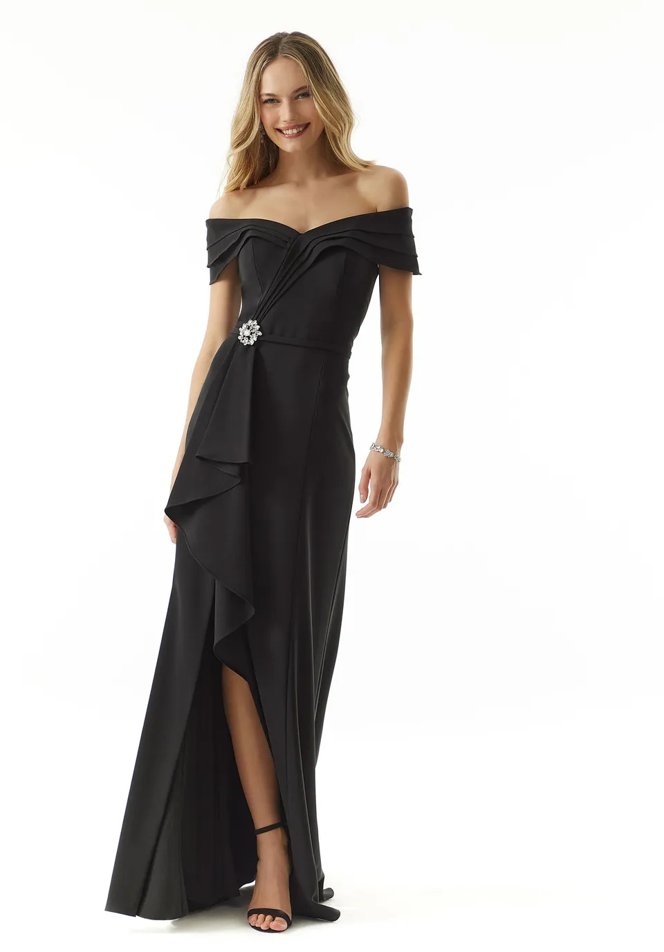 morilee-etuikleid-aus-stretch-krepp-mit-kristallbrosche-und-stola image 1