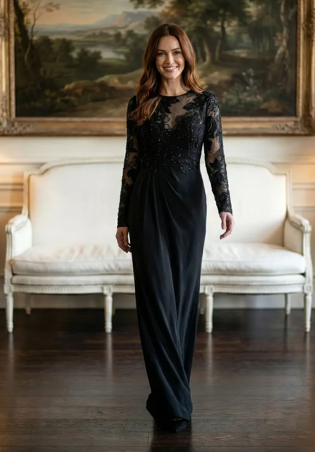 morilee-abendkleid-beaded-chiffon-blumen-langarm-sheath image 1
