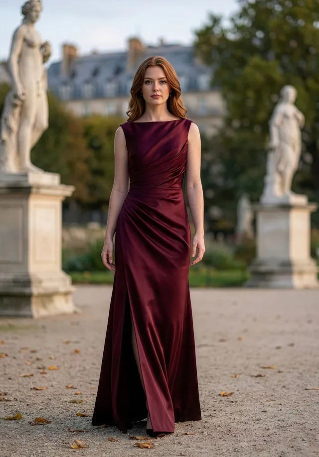 morilee-asymmetrically-draped-boat-neck-satin-brautjungfernkleid-bordeaux image 1