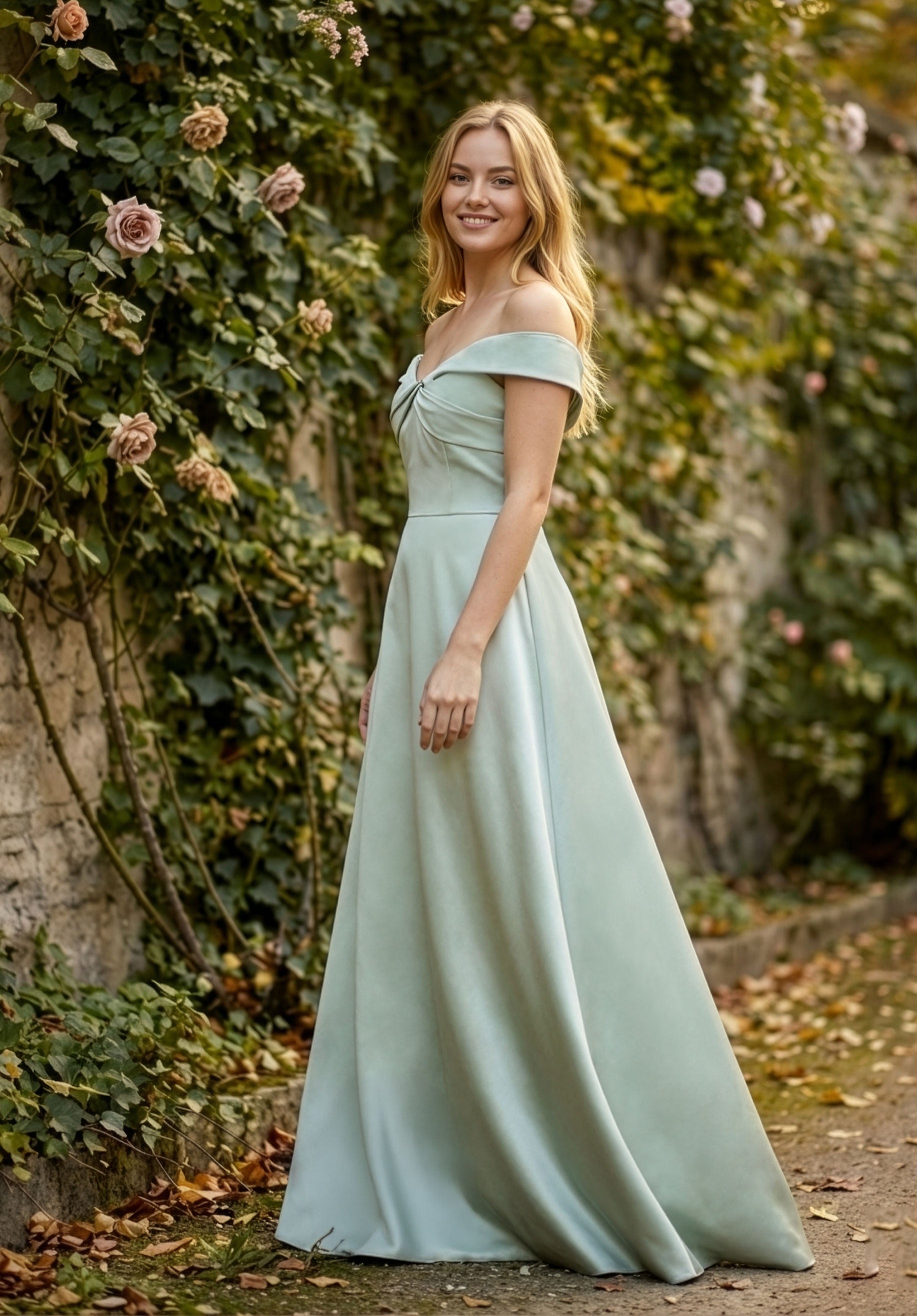 morilee-twist-neck-off-the-shoulder-satin-brautjungfernkleid-salbei image 2