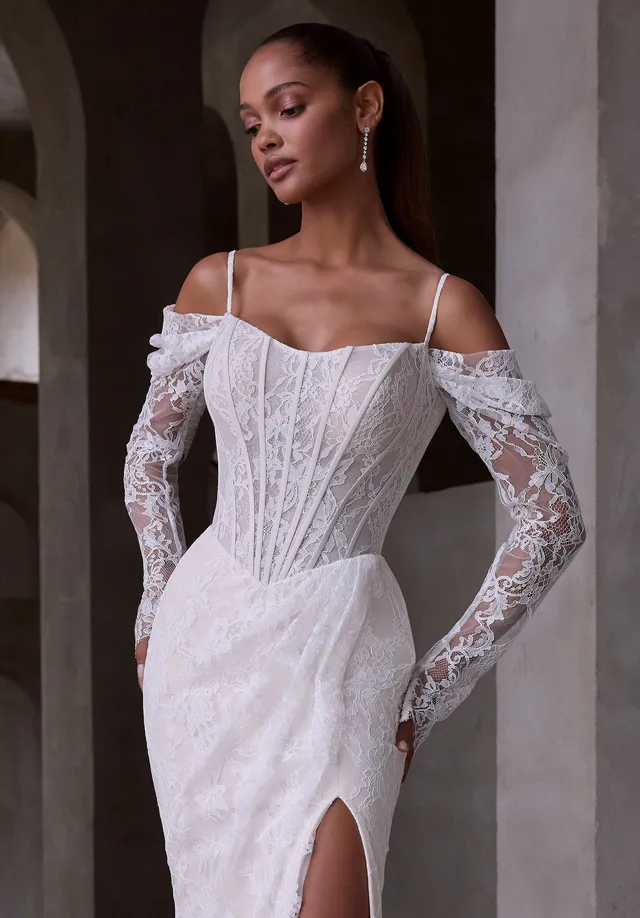 morilee-drapierte-spitzen-rmel-lange-braut-rmel-aus-lace image 1