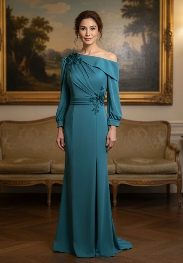 morilee-one-shoulder-crepe-abendkleid-mit-satin-und-bracelet-rmel image 1