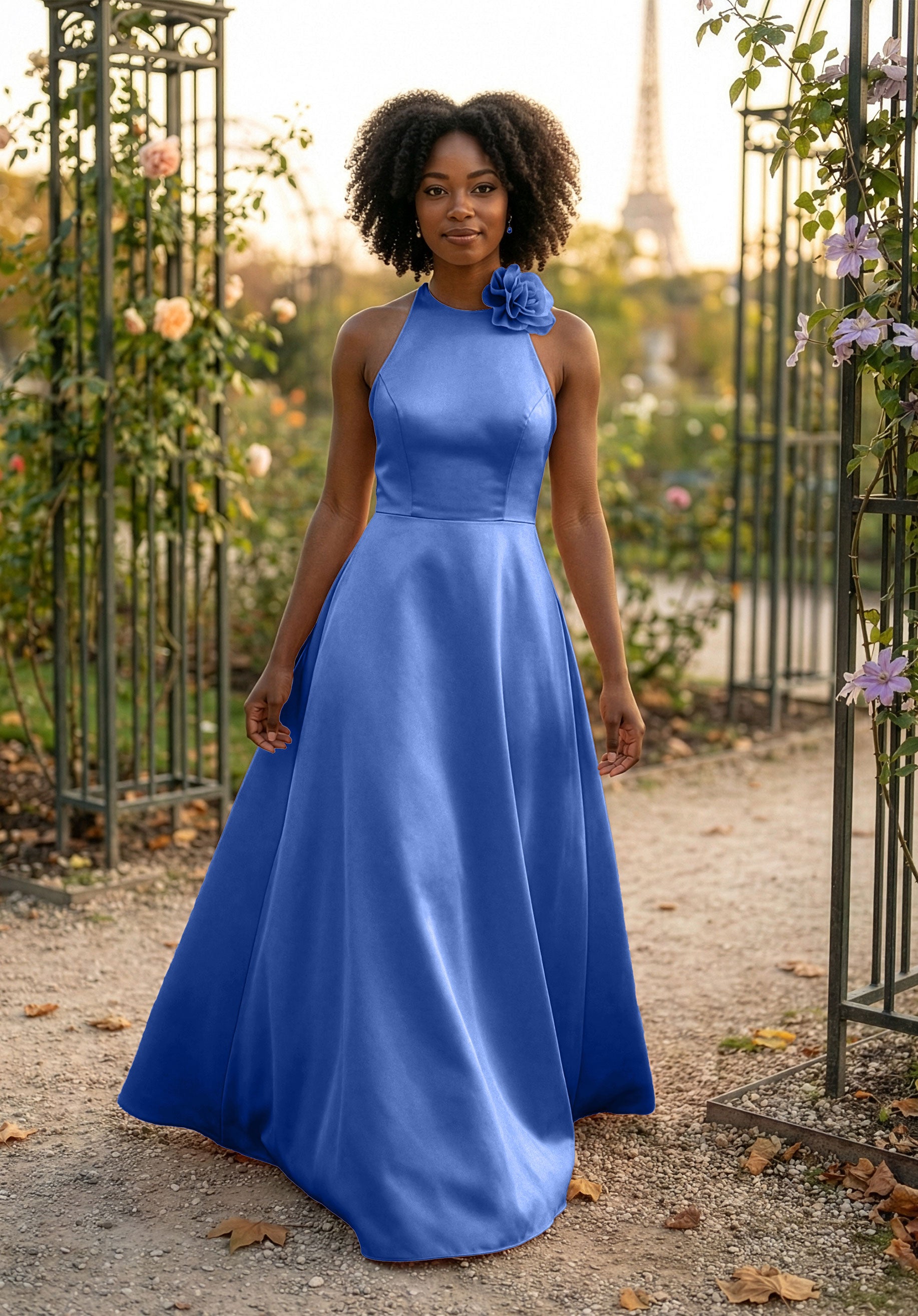 morilee-brautjungfernkleid-satin-halterneck-a-linie-mit-blumen-anstecker image 4