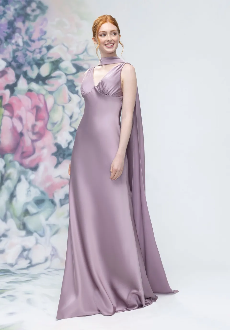 morilee-brautjungfernkleid-satin-v-ausschnitt-empire-mit-halstuch image 1