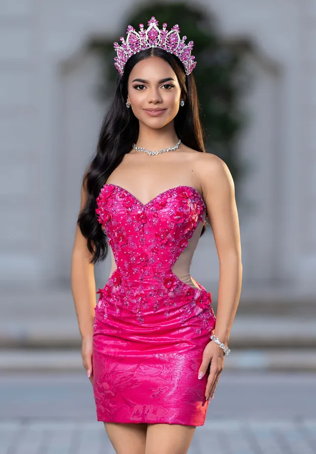morilee-vizcaya-bryn-quincea-era-kleid-brokat-mini-mit-berrock-und-schleife image 1