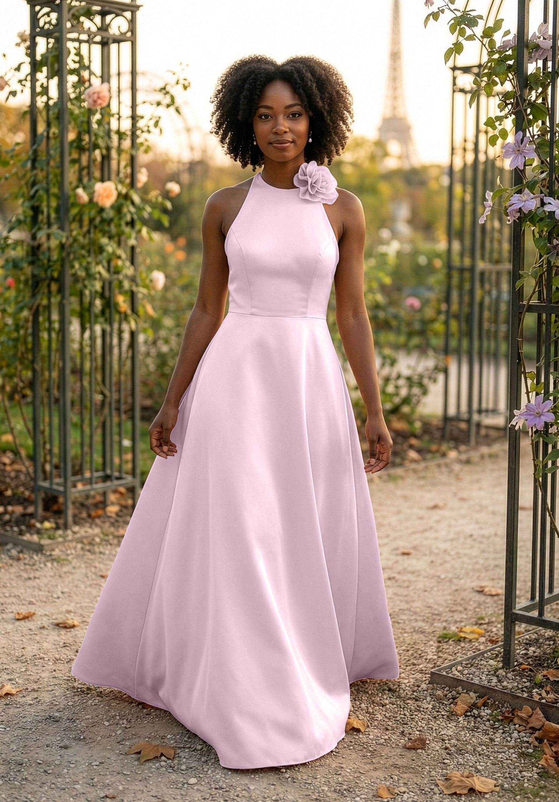 morilee-brautjungfernkleid-satin-halterneck-a-linie-mit-blumen-anstecker image 8