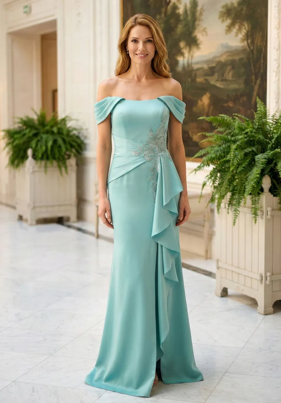 morilee-off-shoulder-satin-abendkleid-fit-and-flare-mit-r-sche-und-schlitz image 1