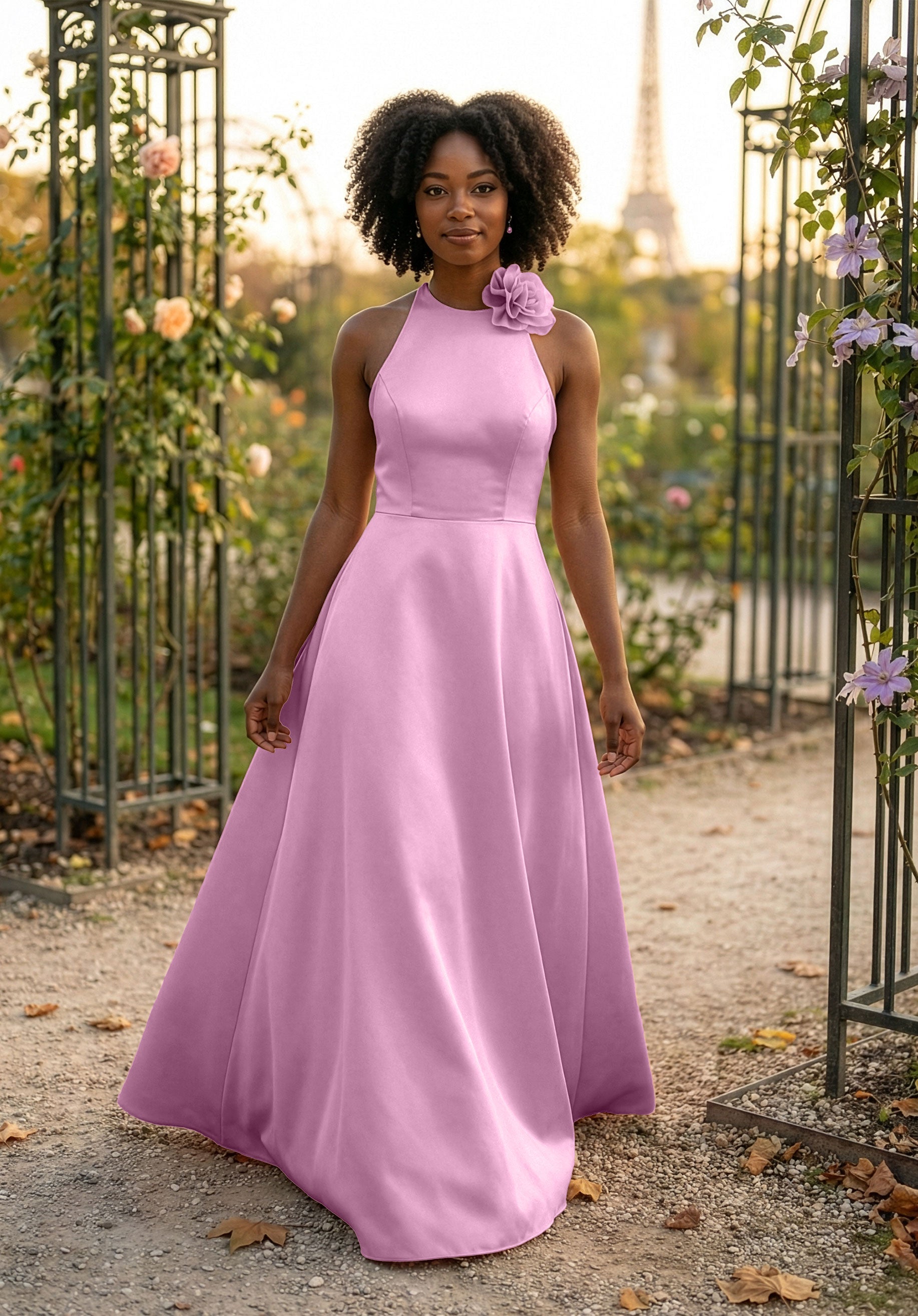 morilee-brautjungfernkleid-satin-halterneck-a-linie-mit-blumen-anstecker image 7