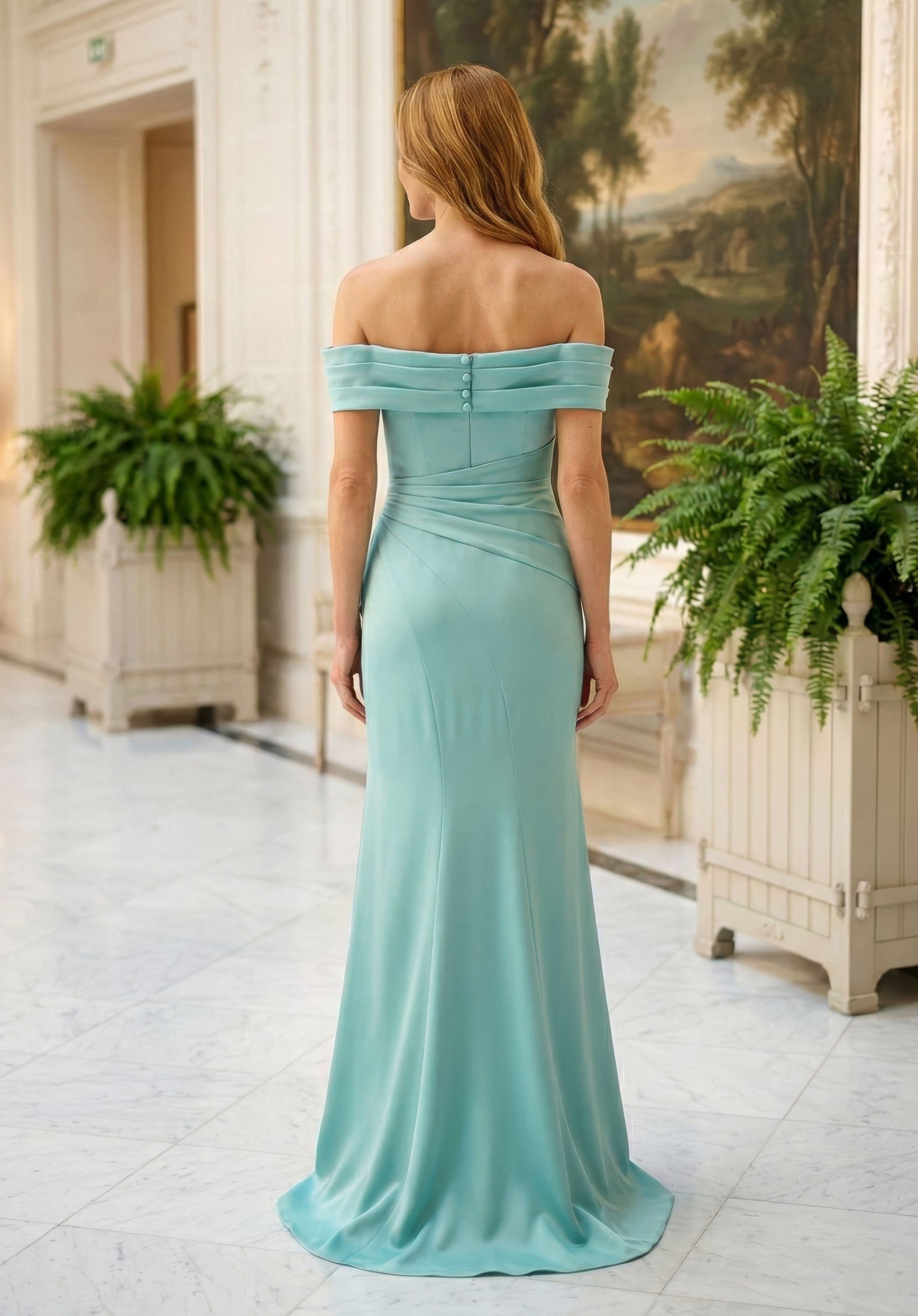 morilee-off-shoulder-satin-abendkleid-fit-and-flare-mit-r-sche-und-schlitz image 3