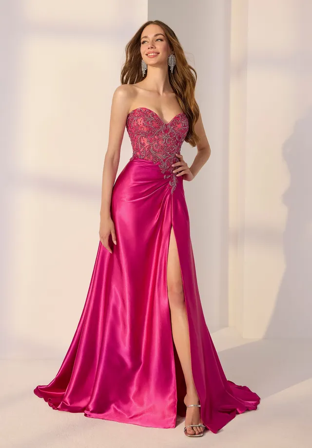 morilee-sheer-beaded-bodice-party-dress-a-linie-charmeuse-asymmetrisch-drapiert- image 1