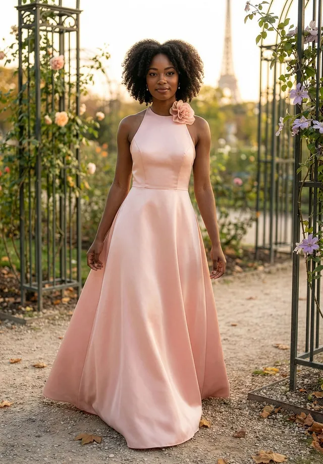 morilee-brautjungfernkleid-satin-halterneck-a-linie-mit-blumen-anstecker image 1