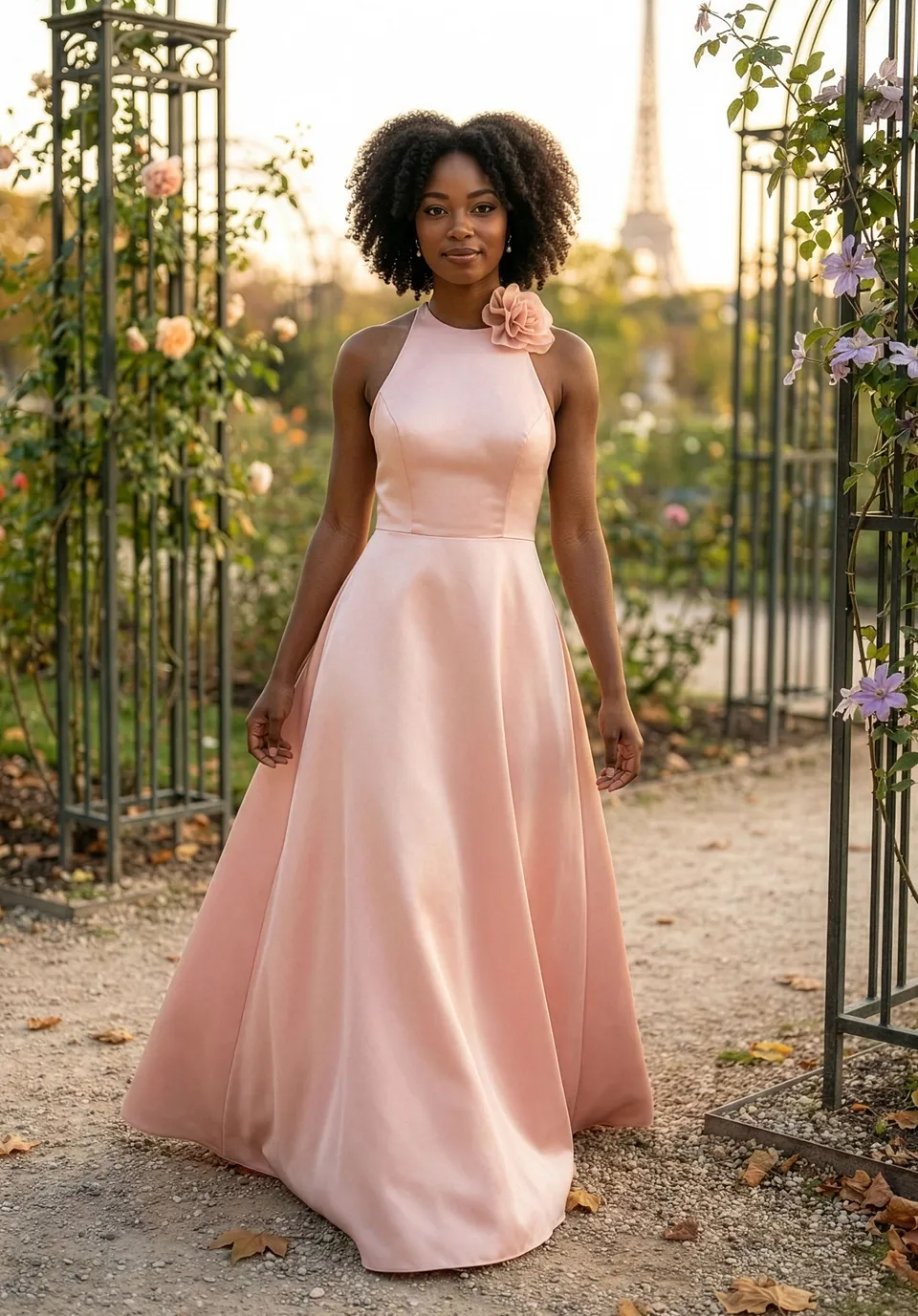 morilee-brautjungfernkleid-satin-halterneck-a-linie-mit-blumen-anstecker image 1