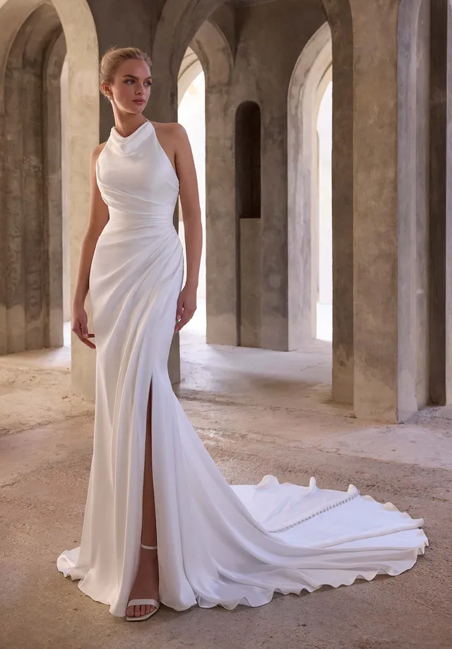 morilee-persah-satin-sheath-brautkleid-mit-halter-und-schlitz image 1