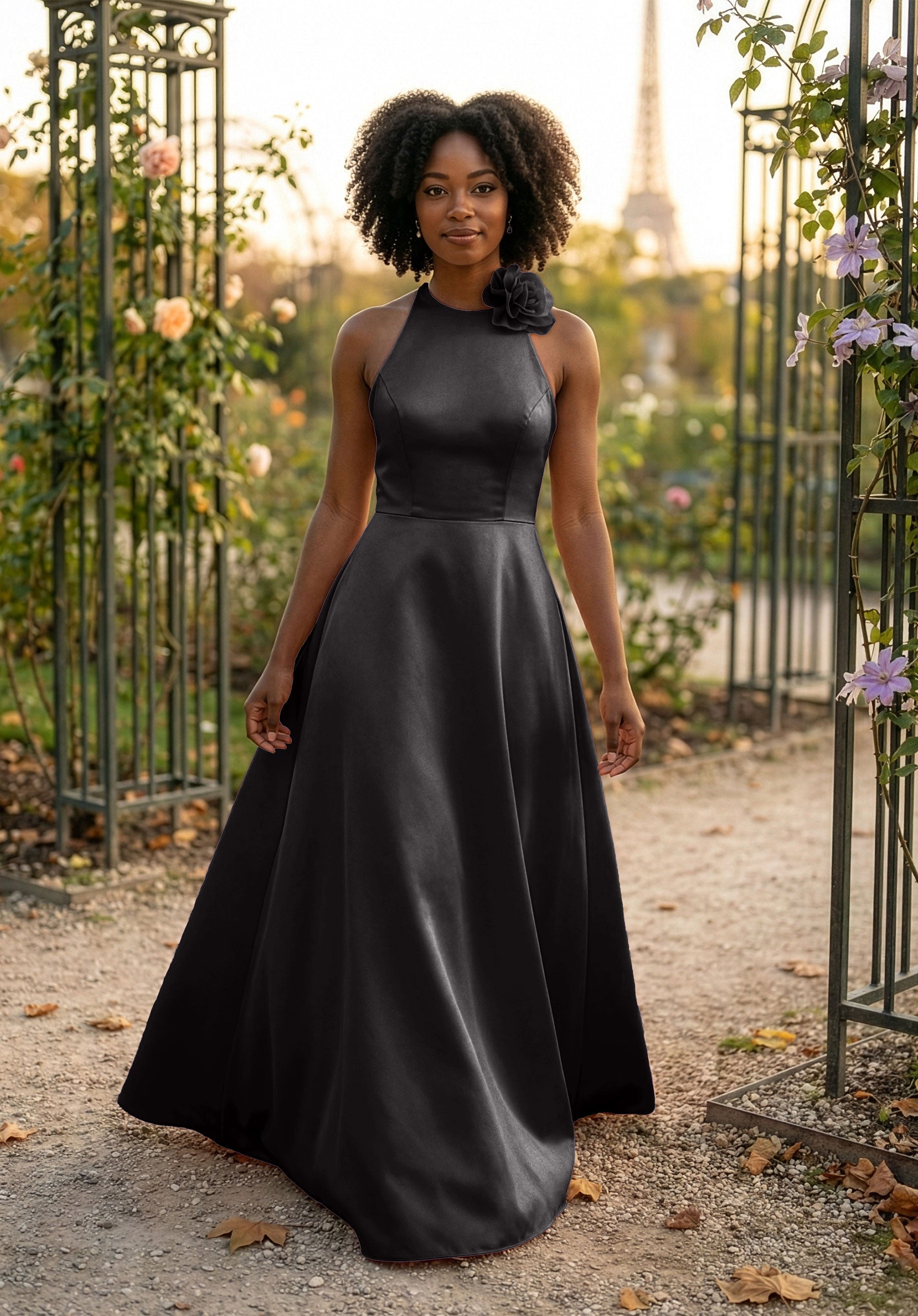 morilee-brautjungfernkleid-satin-halterneck-a-linie-mit-blumen-anstecker image 6