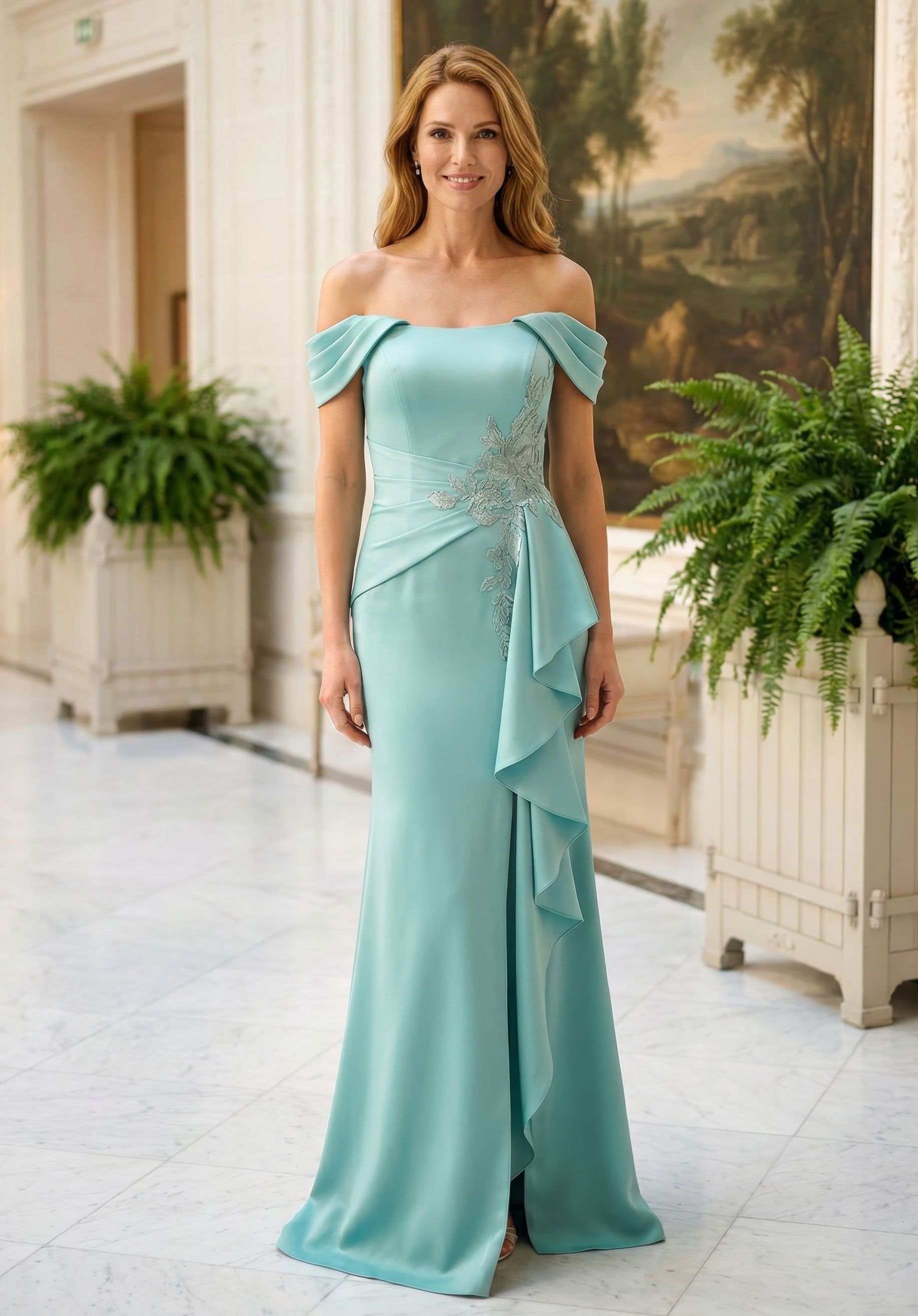 morilee-off-shoulder-satin-abendkleid-fit-and-flare-mit-r-sche-und-schlitz image 1
